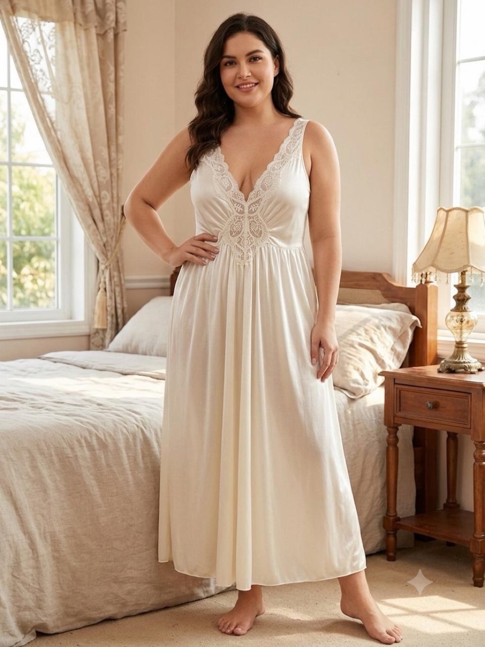 Vintage Olga Cream Lace-Trim V-Neck Long Chemise